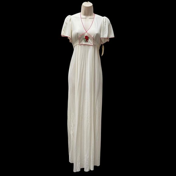 Vintage 1970s White Dress Rose Embroider Prairie Flutter Sleeve Nightgown Tie - Picture 2 of 16
